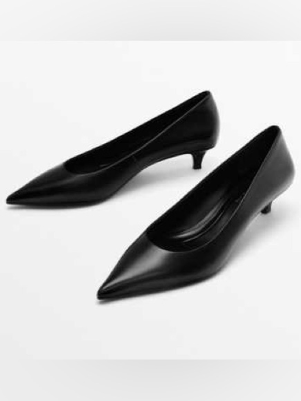 Massimo Dutti Leather Black Pointed-Toe Low Heel Pumps Black NWT $170 9
